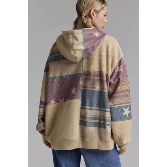 BDG by Urban Outfitters Hunter Patchwork Fleece Zip Up Hoodie Sweatshirt in Blan - Picture 1 of 8